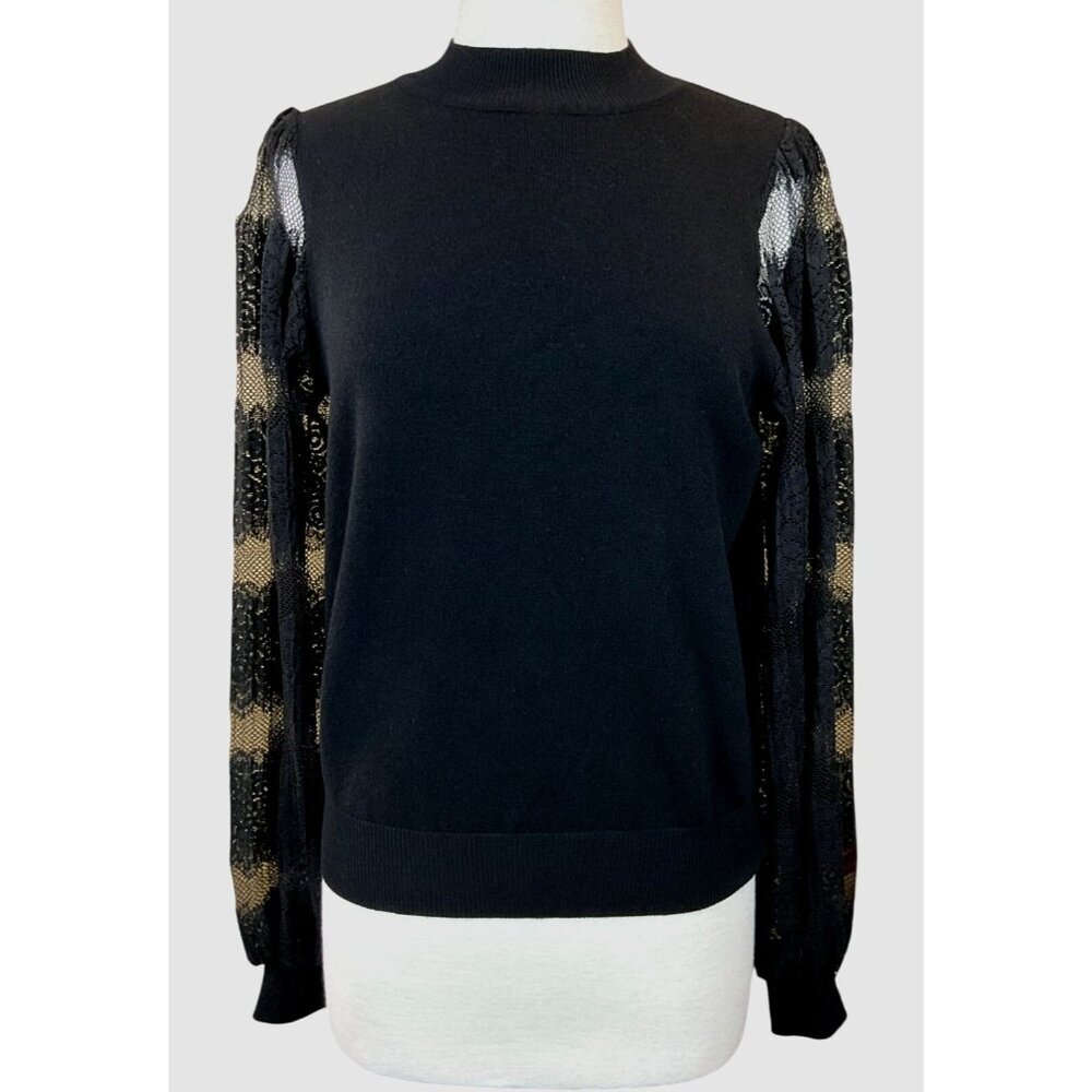 Nanette Lepore Black Sweater Ribbed Neck Cuffs Hem Pleated Lace Long Sleeves M